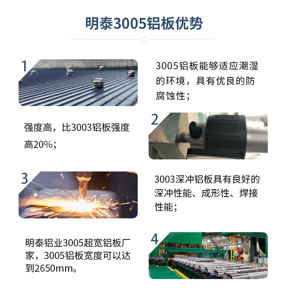 　　明泰3005铝板优势
　　1、3005铝板能够适应潮湿的环境，具有优良的防腐蚀性；
　　2、强度高，比3003铝板强度高20%；
　　3、3003深冲铝板具有良好的深冲性能、成形性、焊接性能；
　　4、明泰铝业3005超宽铝板厂家，3005铝板宽度可以达到2650mm。